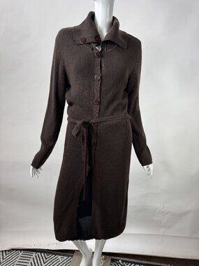 Bette Sung Long Brown Knit Button-Up Cardigan Sweater Coat With Belted Waist And
